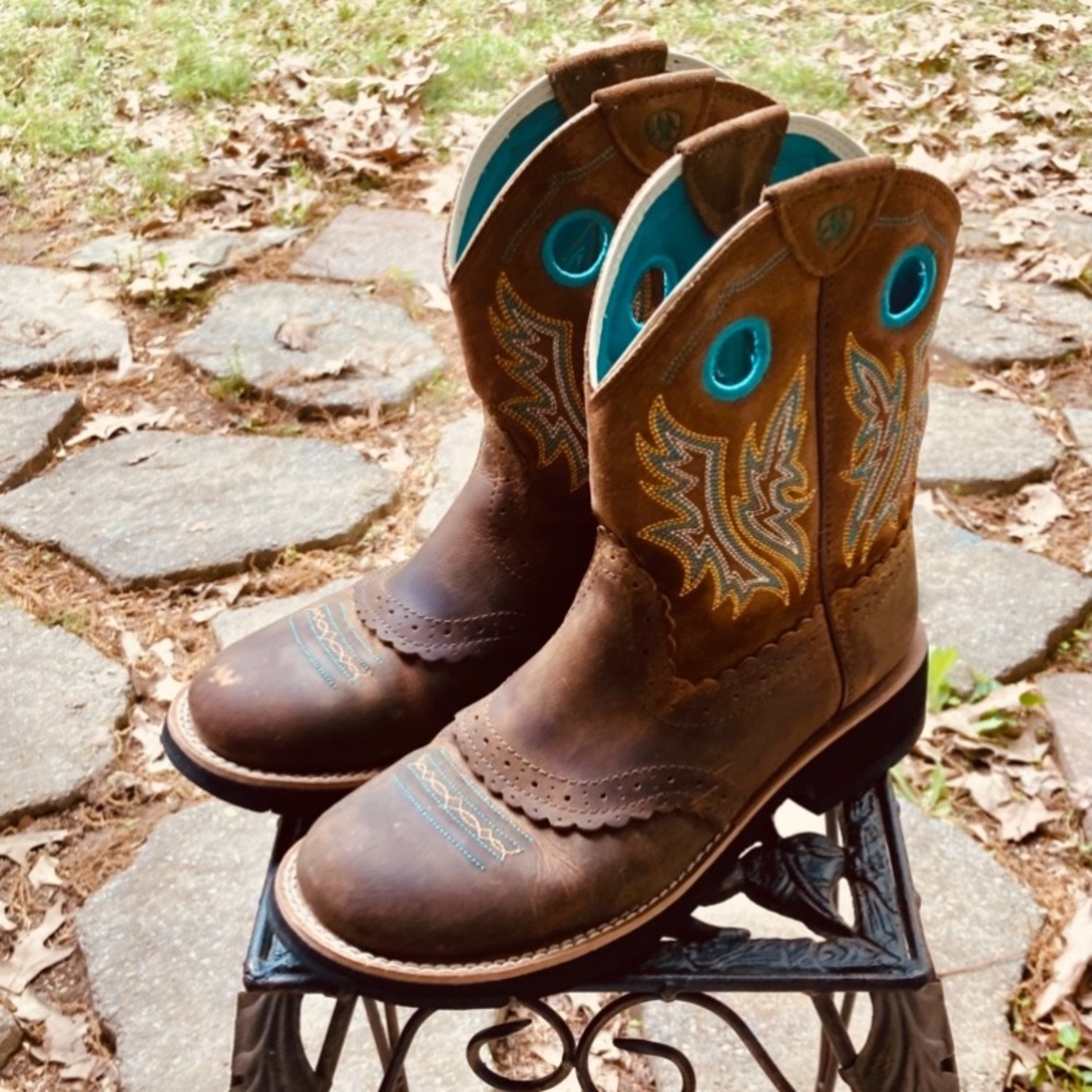 SOLD - different platform Brown and Teal Western Cowboy Boots Fat Baby “Shelia” - Picture 2 of 13